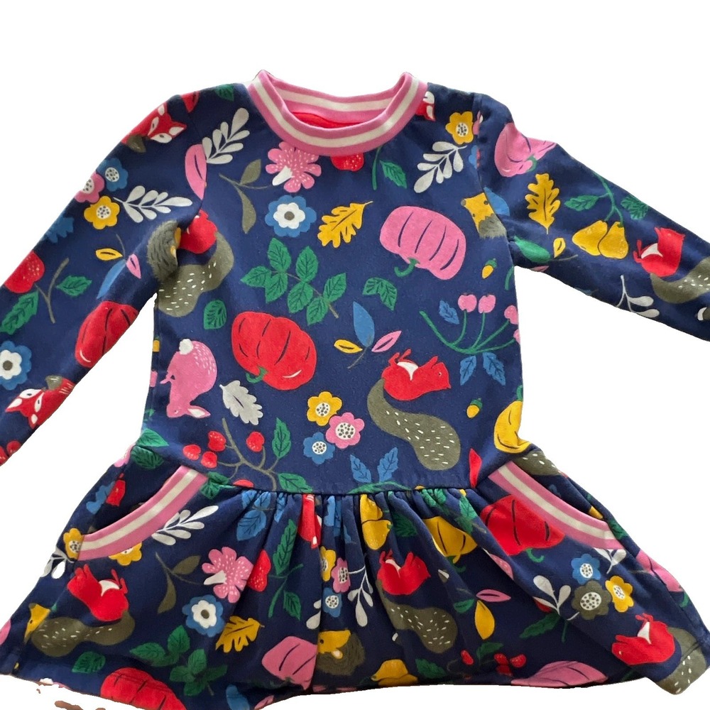 Mini Boden Girls 6-7Y Blue Multicolor Floral Fox Jersey Fit & Flare Dress